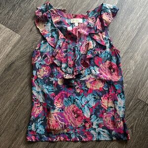 Anthropologie 100% Silk Sleeveless Ruffle Floral Top